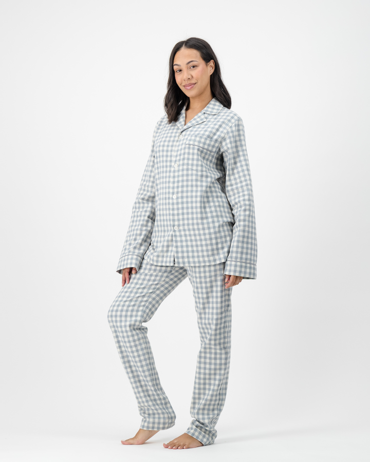 Womens Long Pyjamas - Grey Gingham on Cream