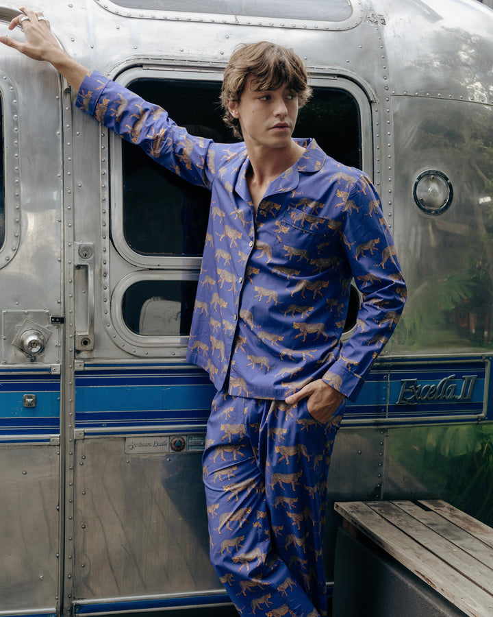 Mens Long Pyjamas - Cheetahs on Blue