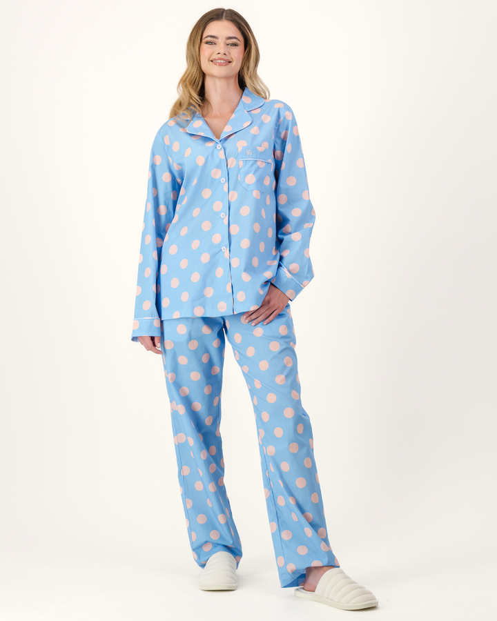 Womens Long Pyjamas - Pink Polka on Baby Blue