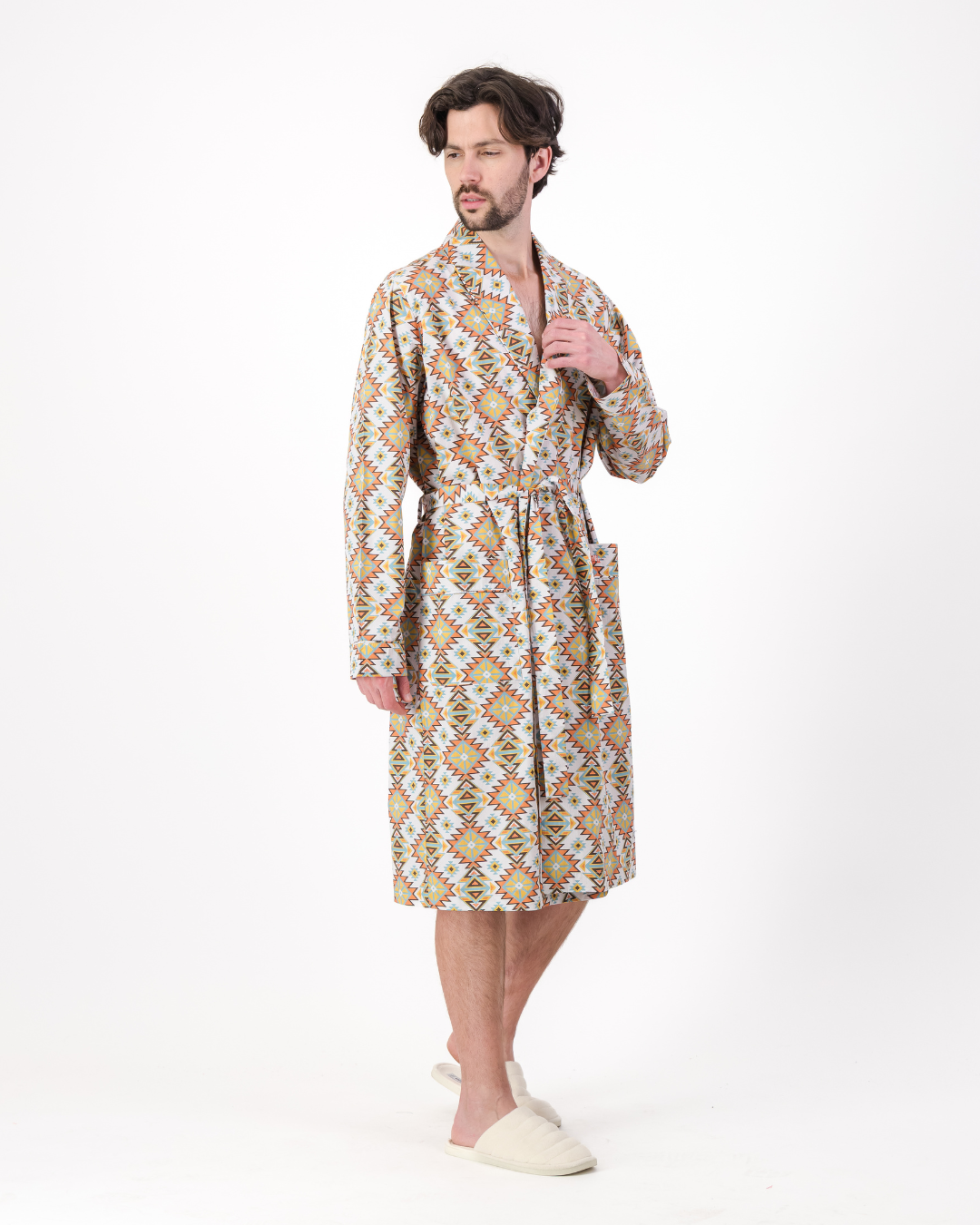 Mens Dressing Gown - Aztec Off White