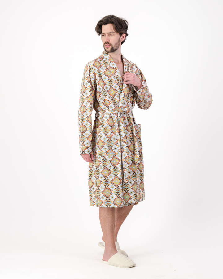 Mens Dressing Gown - Aztec Off White