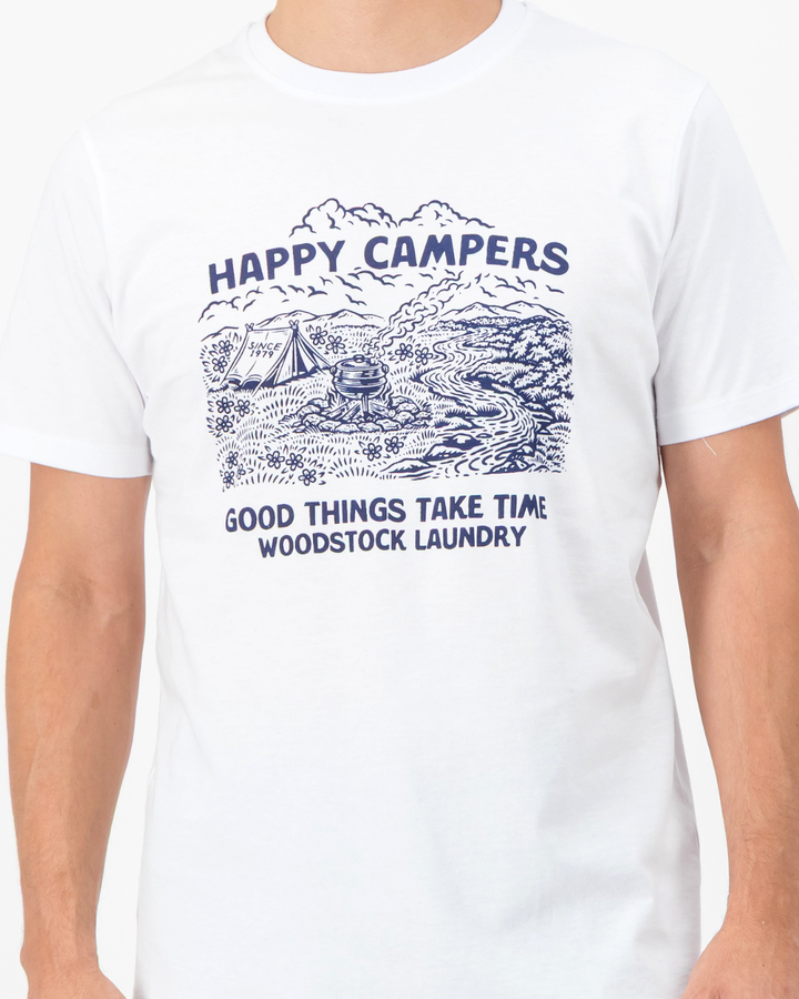 Mens T-Shirt - Navy Happy Potjie Campers on White
