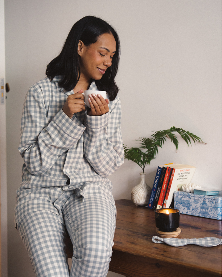 Womens Long Pyjamas - Grey Gingham on Cream