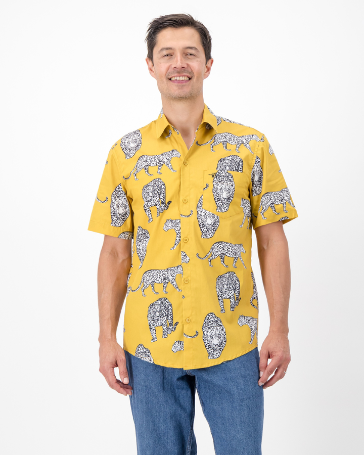 Mens Holiday Shirt - Mono Leopard on Mustard