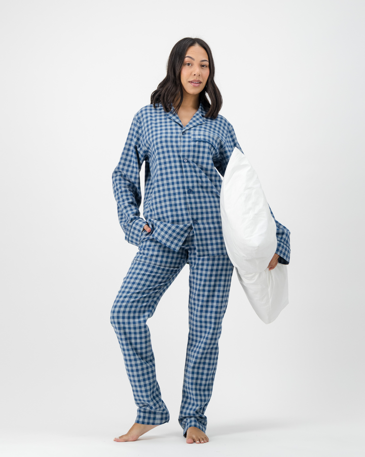 Womens Long Pyjamas - Grey Gingham on Navy