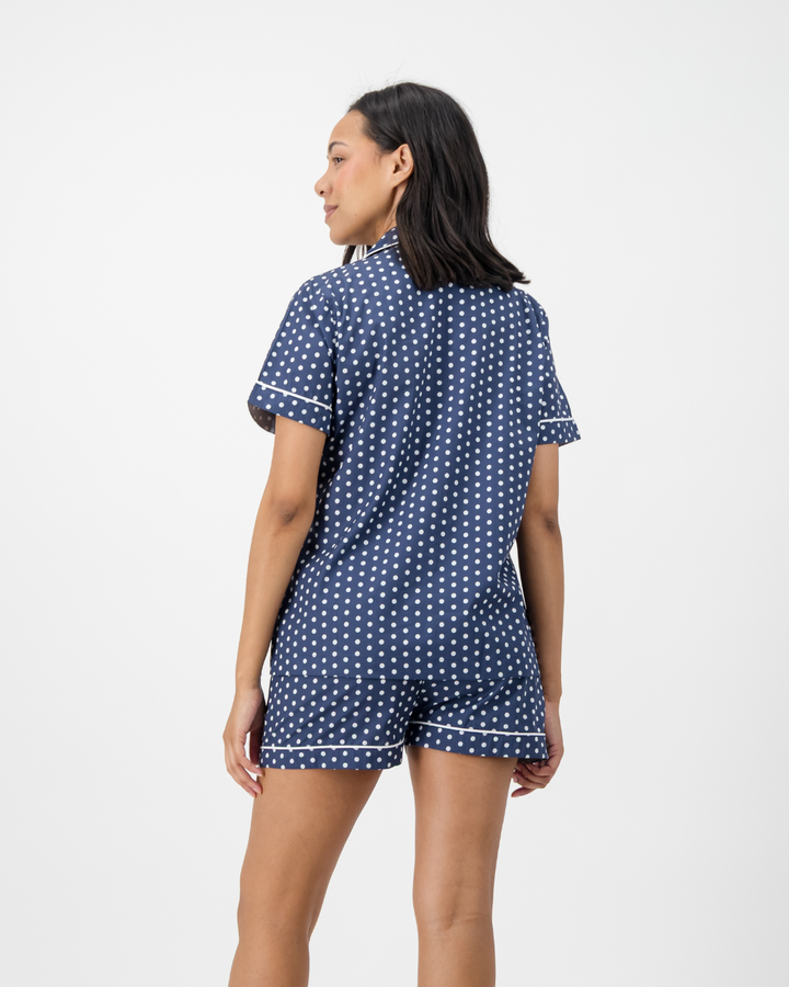 Womens Short Pyjamas - White Polka Dot On Navy