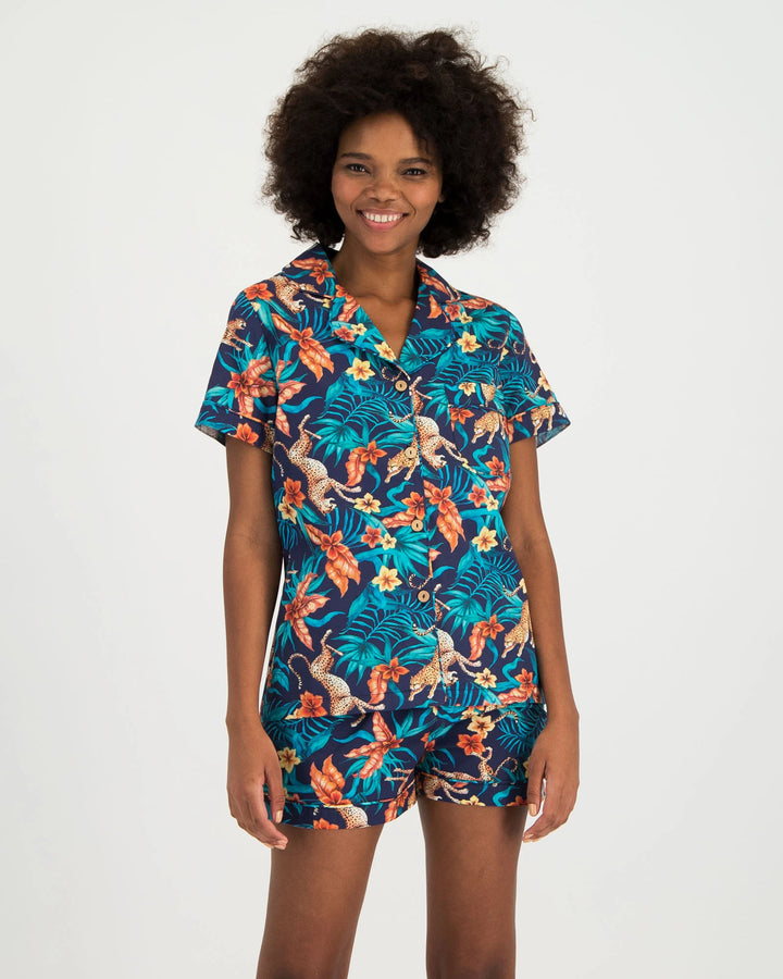 Womens Short Pyjamas - Jungle Cheetah on Navy