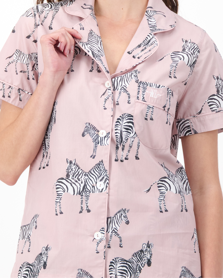 Womens Short Pyjamas - Mono Zebra on Pink
