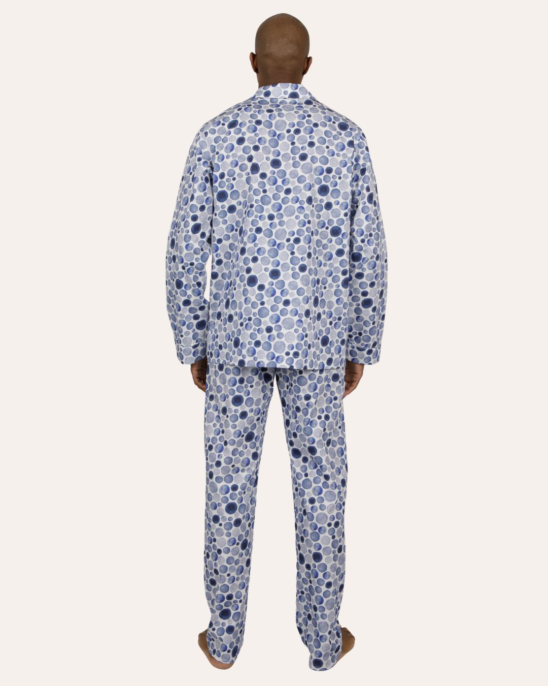 Mens Long Pyjamas - Blue Dots on White