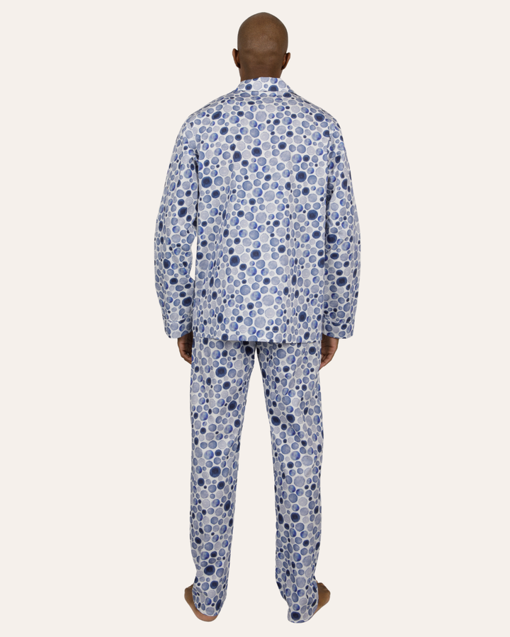 Mens Long Pyjamas - Blue Dots on White