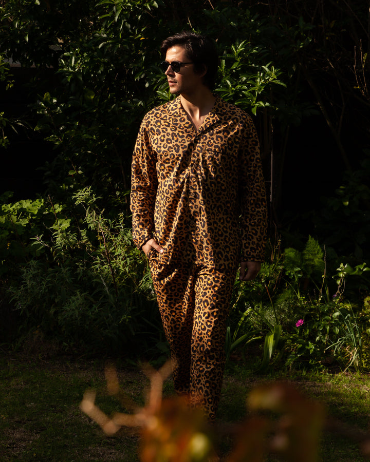 Mens Long Pyjamas - Leopard Skin on Orange