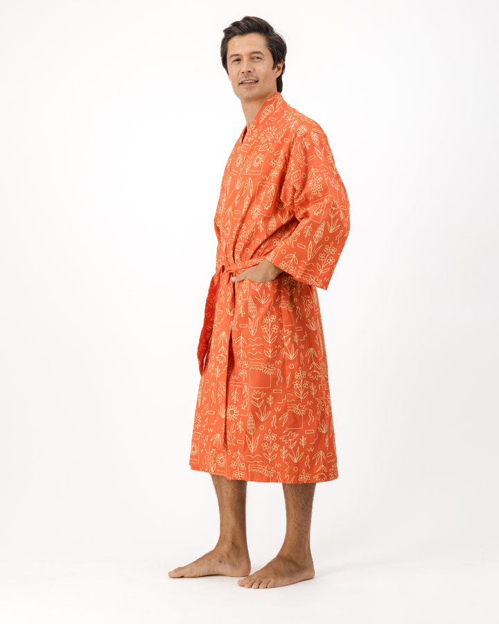 Adults Kimono - Stone Floral On Red
