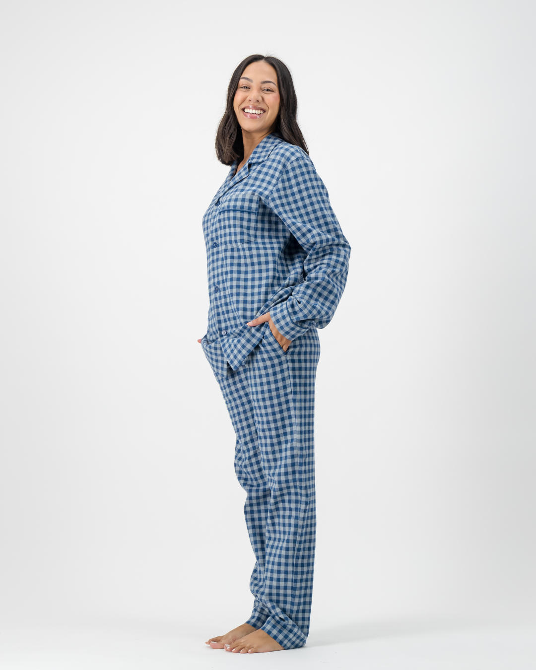 Womens Long Pyjamas - Grey Gingham on Navy
