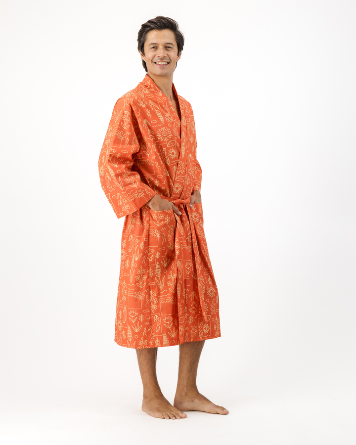 Adults Kimono - Stone Floral On Red