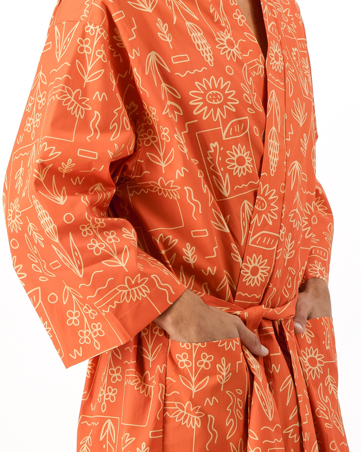Adults Kimono - Stone Floral On Red