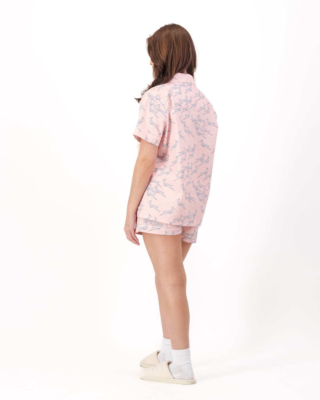 Womens Short Pyjamas - Custom Springboks Blue Jumping Bok on Pink