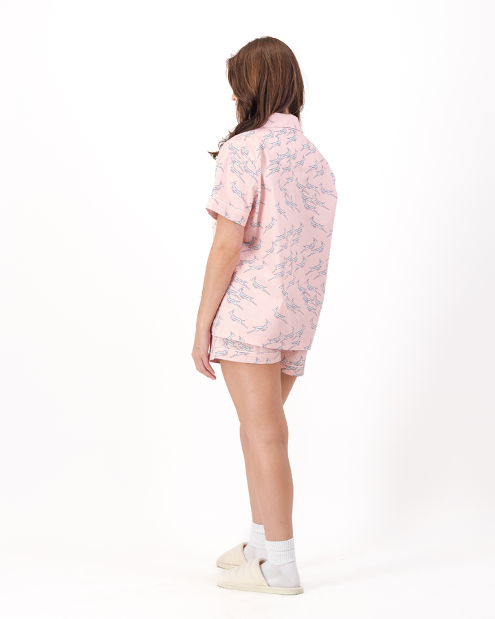 Womens Short Pyjamas - Custom Springboks Blue Jumping Bok on Pink
