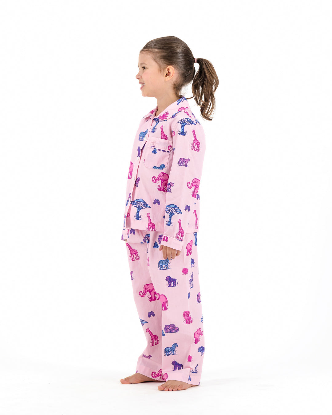 Girls Long Pyjamas - Safari Animals on Pink
