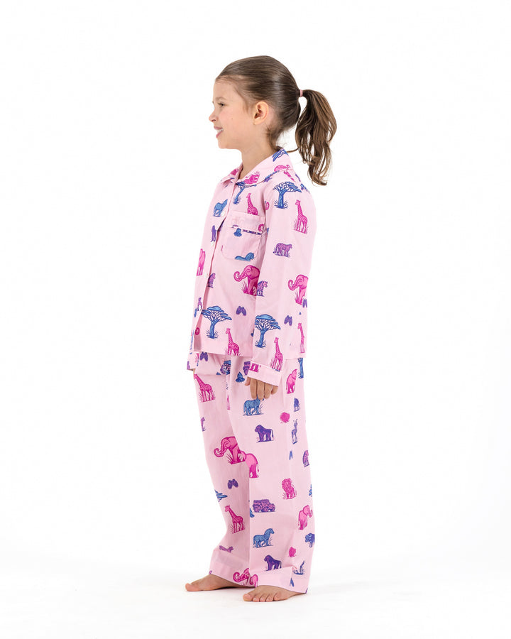Girls Long Pyjamas - Safari Animals on Pink