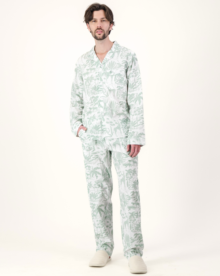 Mens Long Pyjamas - Sage Mono Safari on White