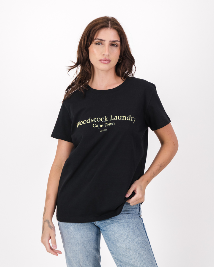 Womens T-Shirt - Yellow Typo On Black