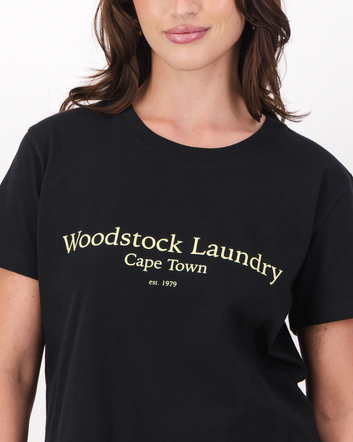 Womens T-Shirt - Yellow Typo On Black