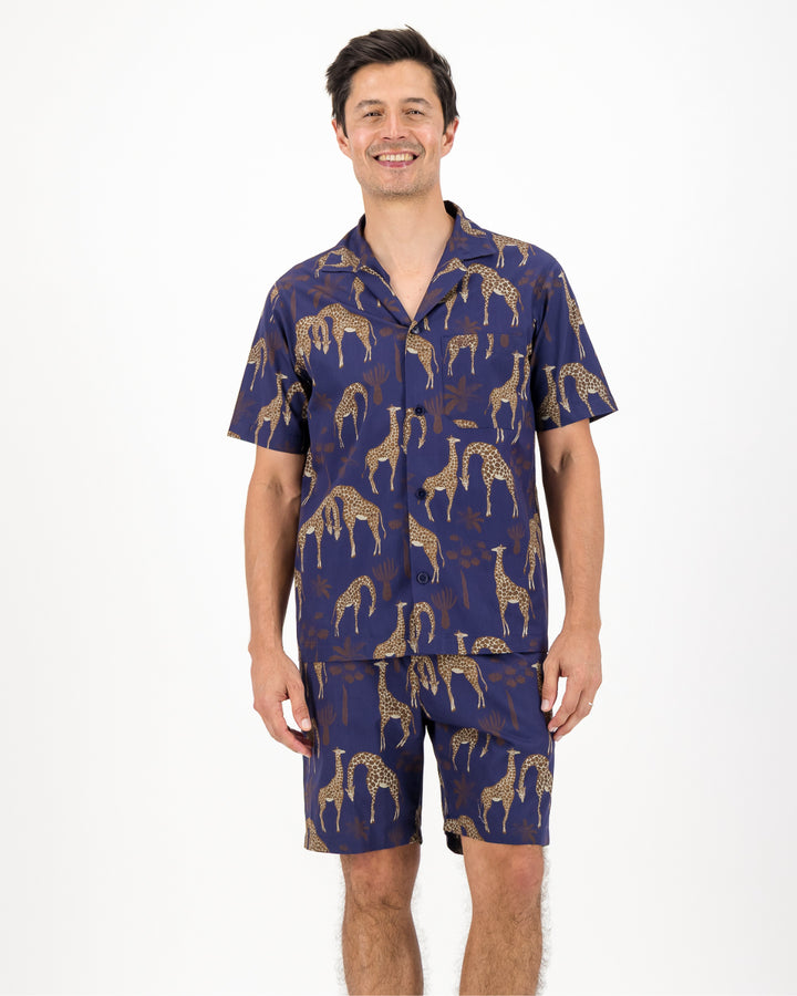 Mens Short Pyjamas - Brown Giraffes on Navy