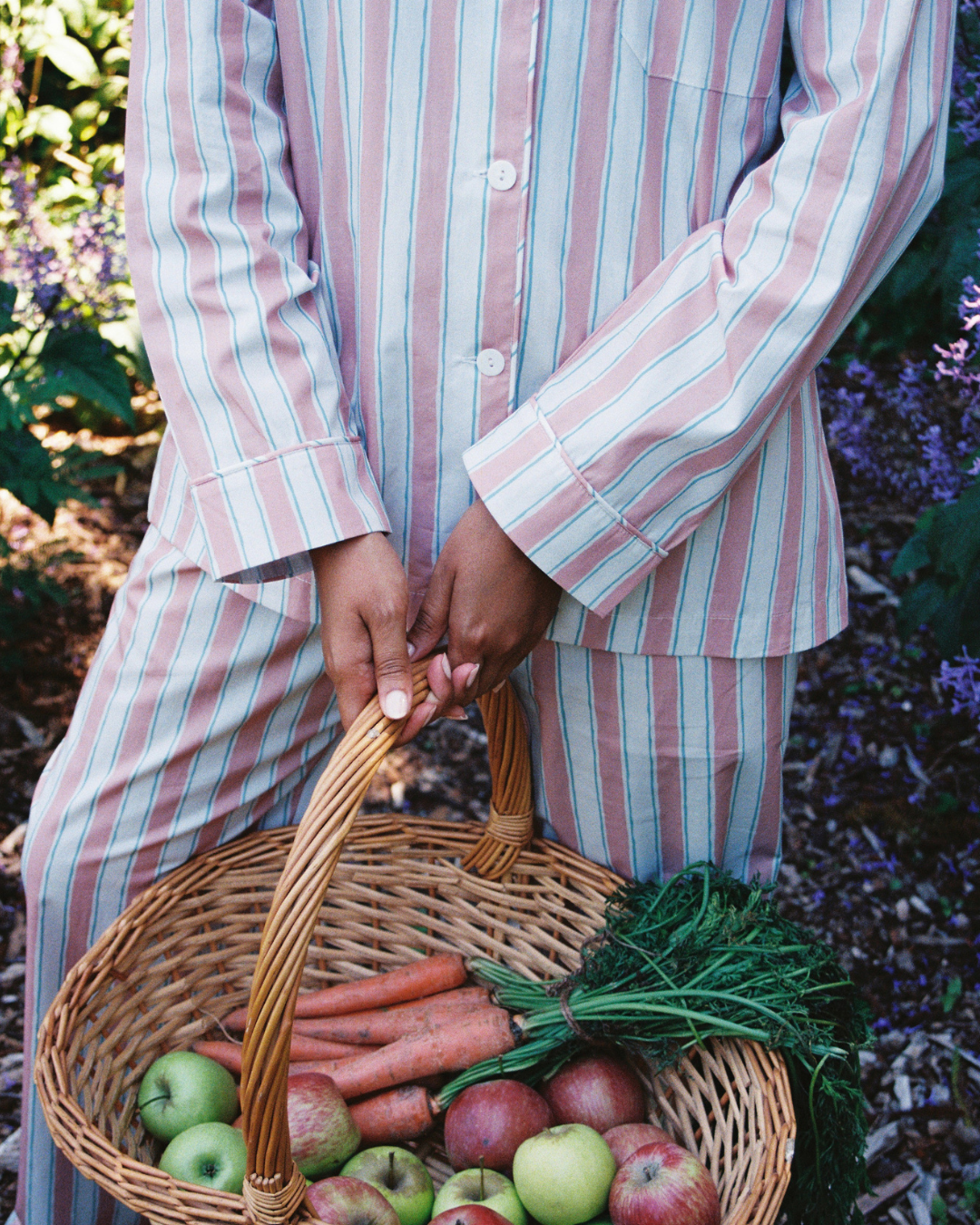 Womens Long Pyjamas - Pink and Blue Stripes on White