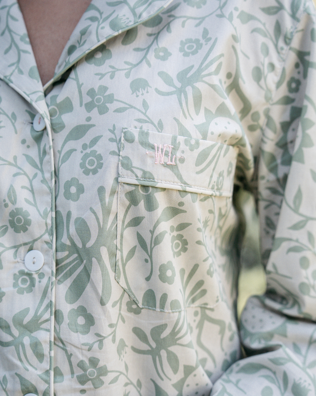 Womens Long Pyjamas - Sage Sunflowers on Milk and Milk Sunflowers on Sage