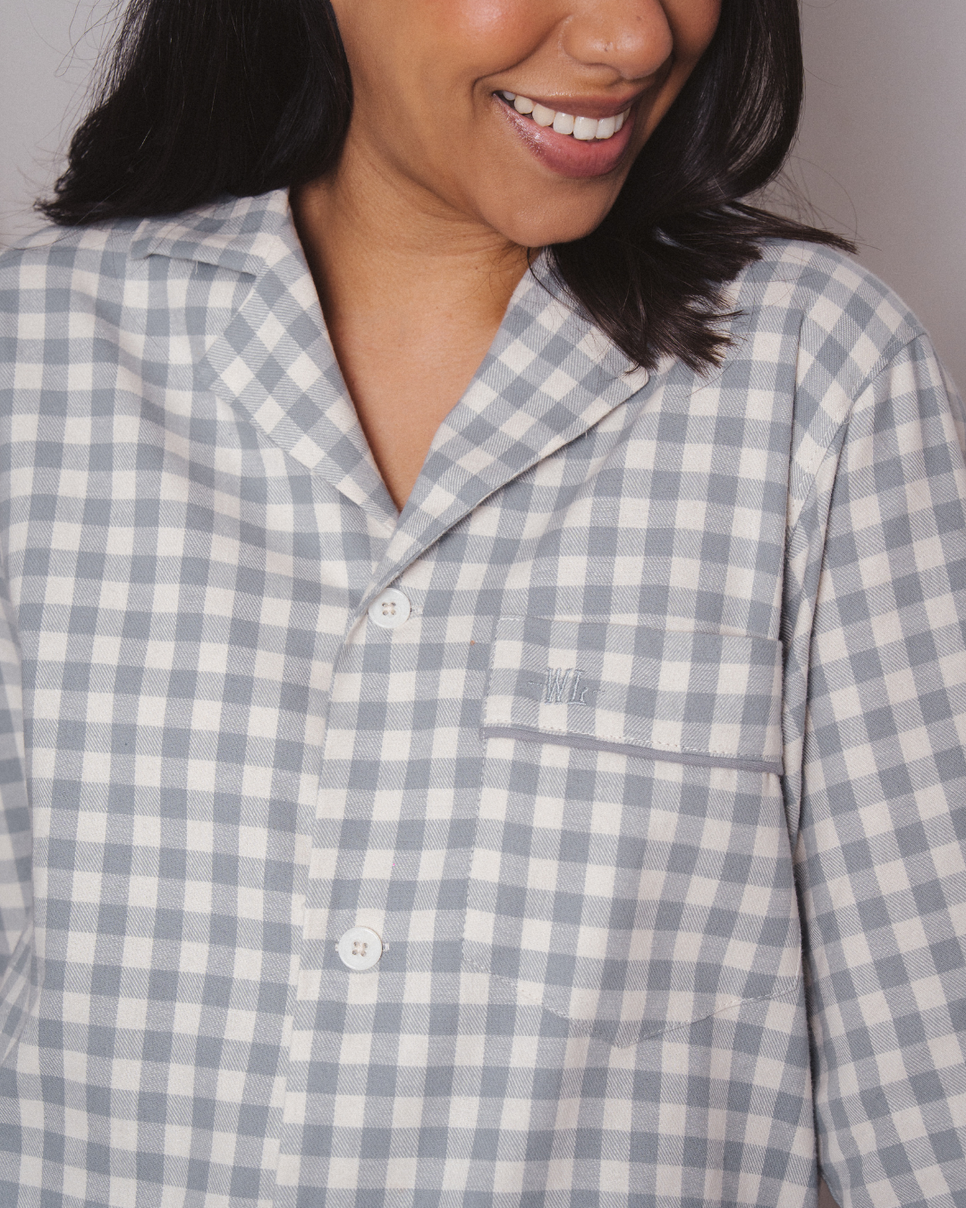 Womens Long Pyjamas - Grey Gingham on Cream