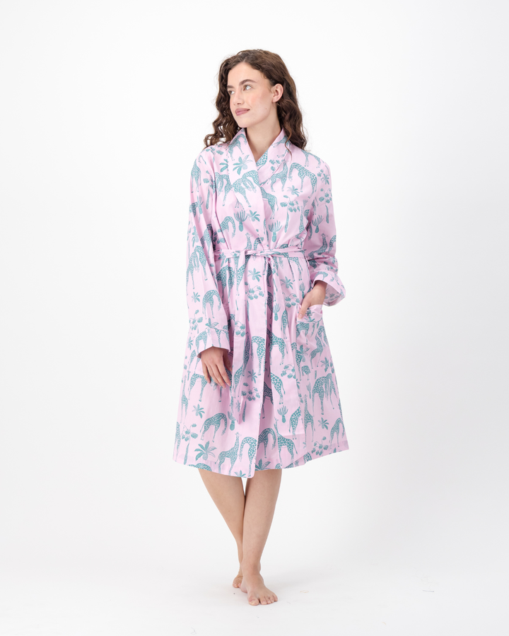 Womens Dressing Gown - Green Giraffes on Pink