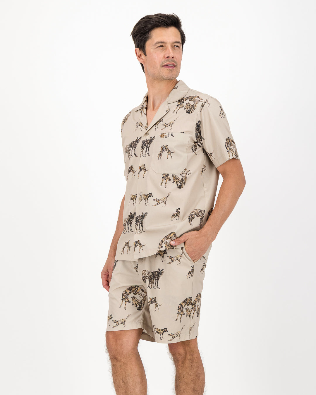Mens Short Pyjamas - Wild Dogs on Beige