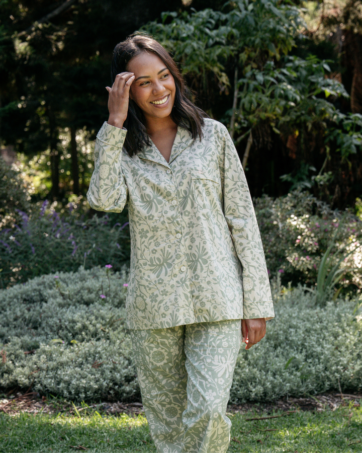 Womens Long Pyjamas - Sage Sunflowers on Milk and Milk Sunflowers on Sage