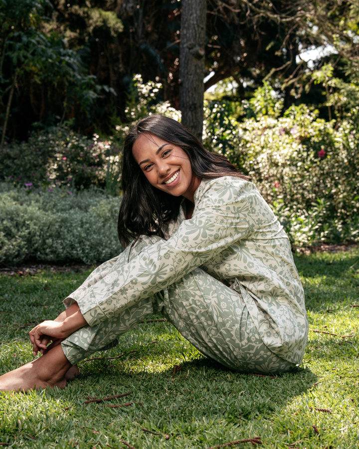 Womens Long Pyjamas - Sage Sunflowers on Milk and Milk Sunflowers on Sage