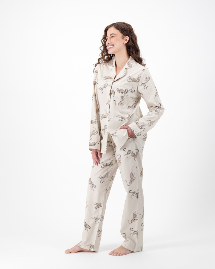 Womens Long Pyjamas - Jumping Cheetah on Beige