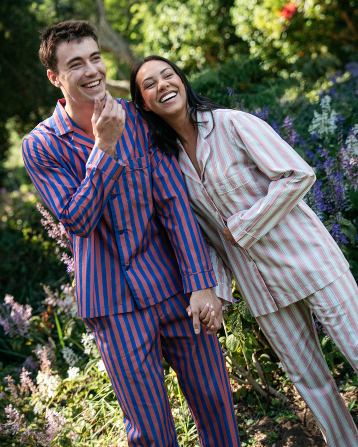 Mens Long Pyjamas - Blue and Red Stripe