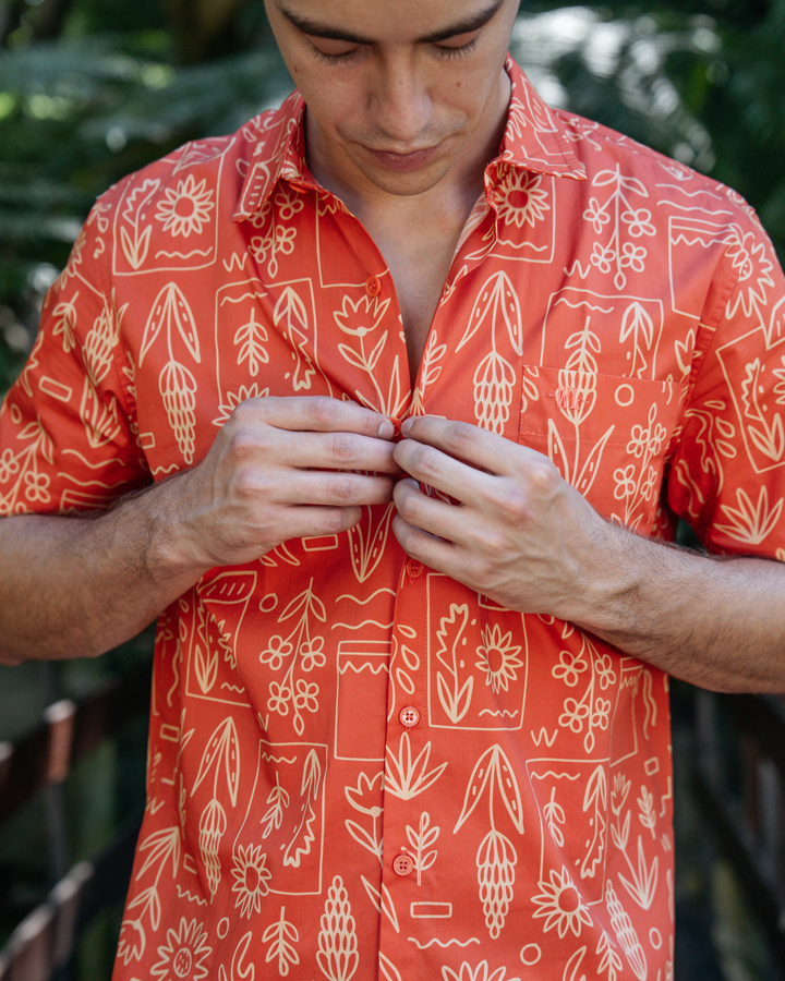 Mens Holiday Shirt - Stone Floral On Red
