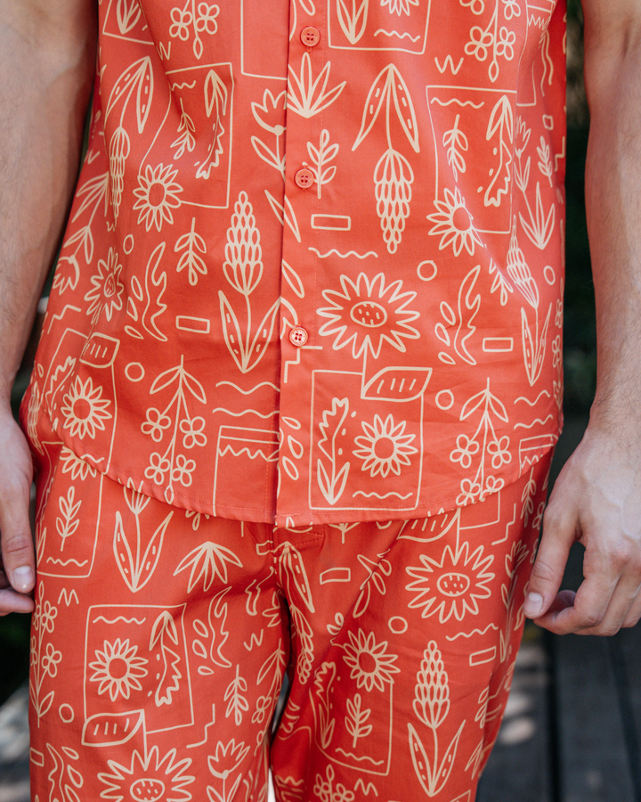 Mens Lounge Pants - Stone Floral On Red