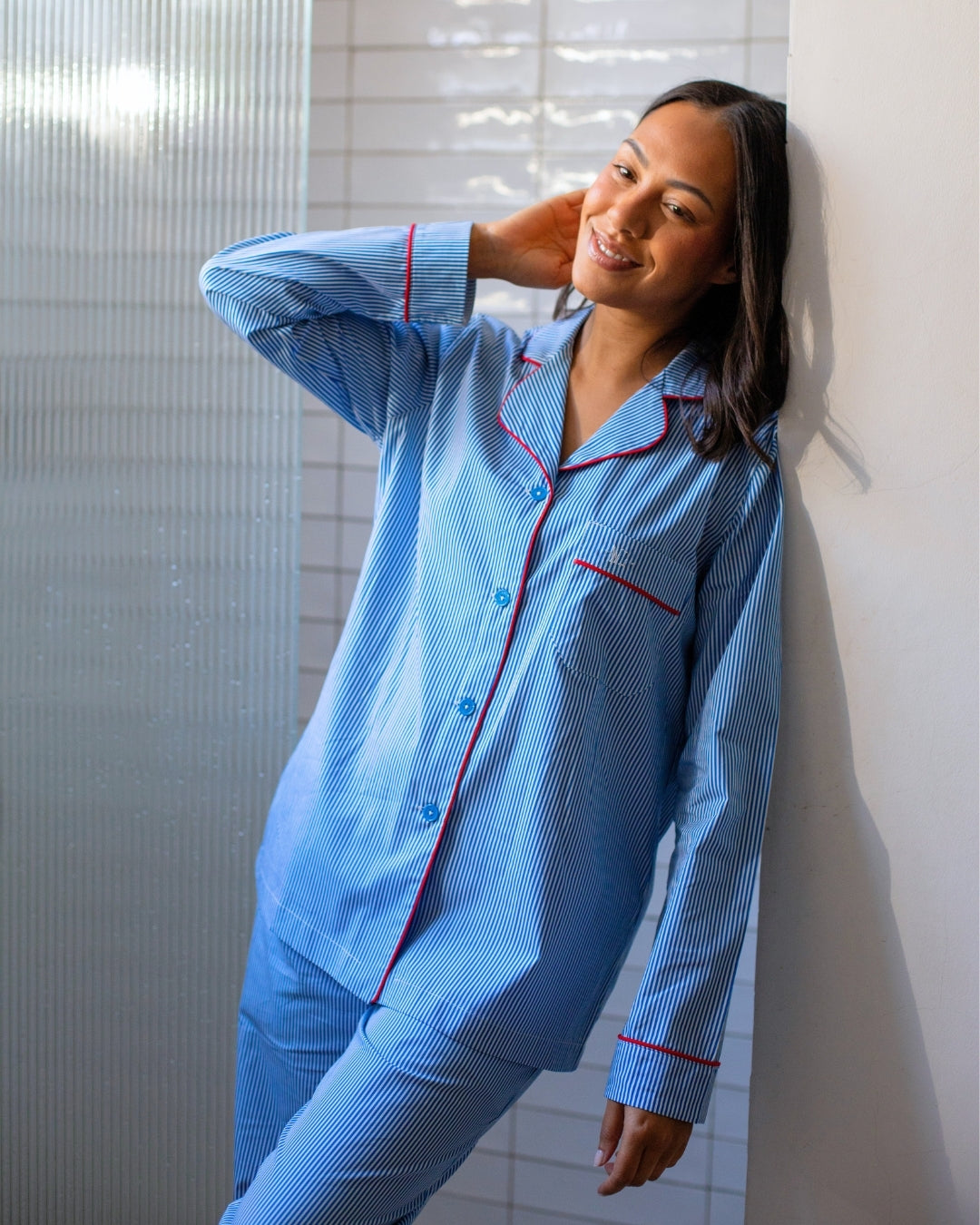 Womens Long Pyjama Set with Piped Revere Collar - Blue Stripes on White