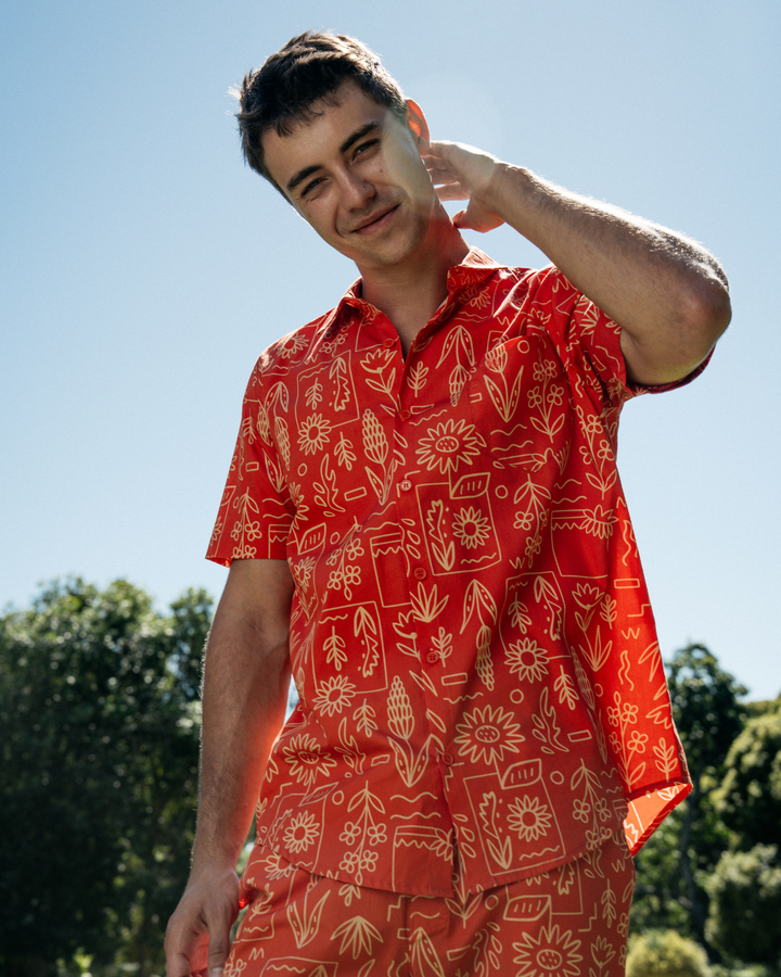 Mens Holiday Shirt - Stone Floral On Red