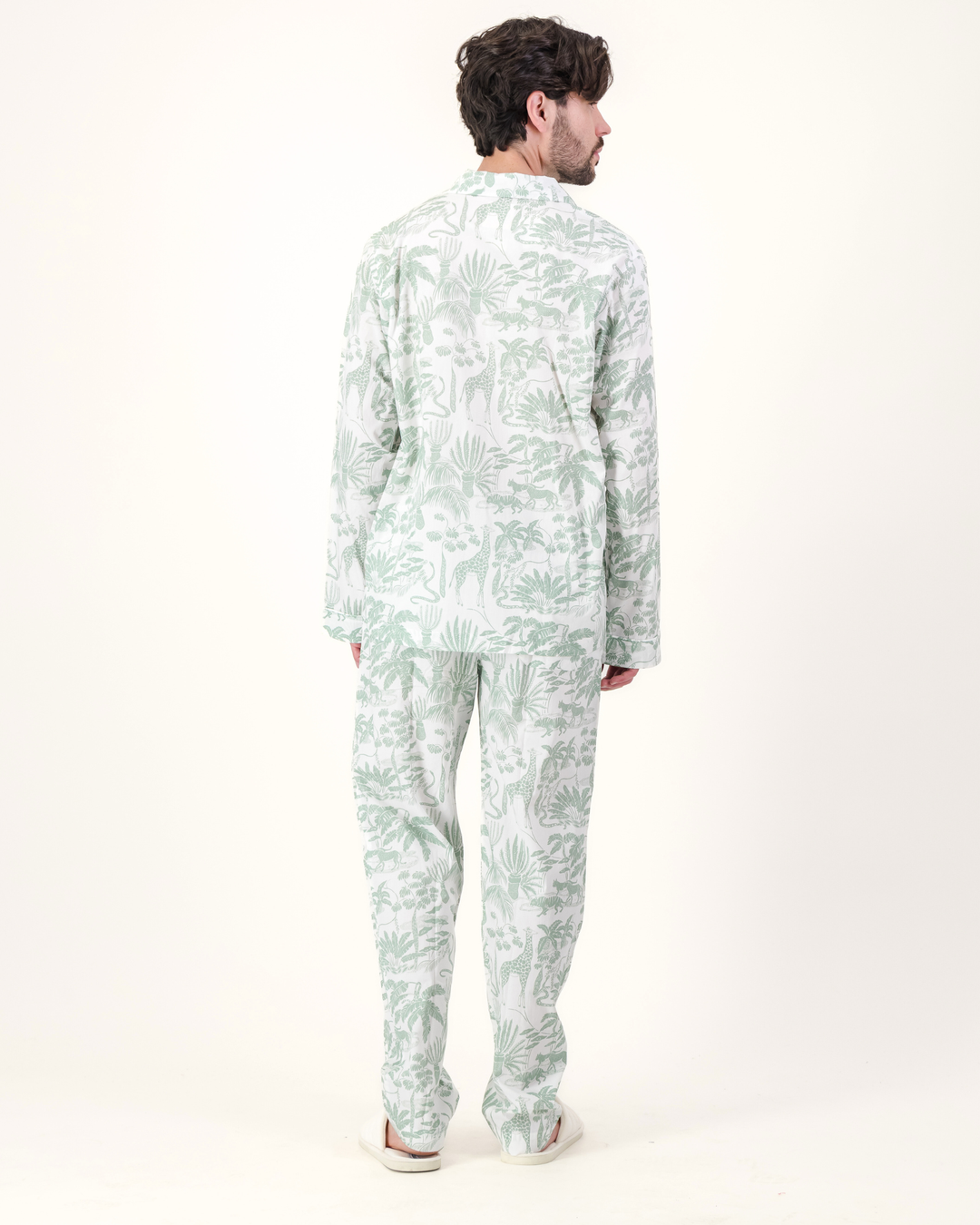 Mens Long Pyjamas - Sage Mono Safari on White
