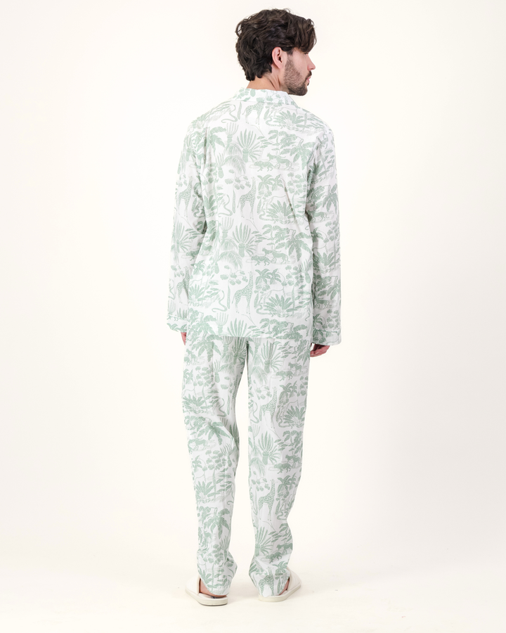 Mens Long Pyjamas - Sage Mono Safari on White
