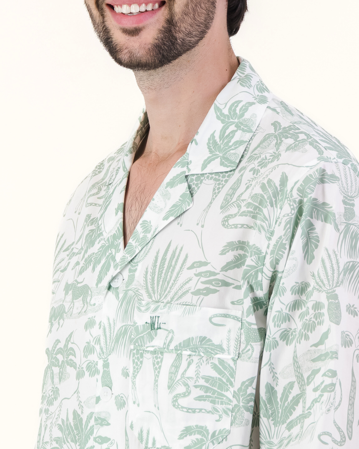 Mens Long Pyjamas - Sage Mono Safari on White