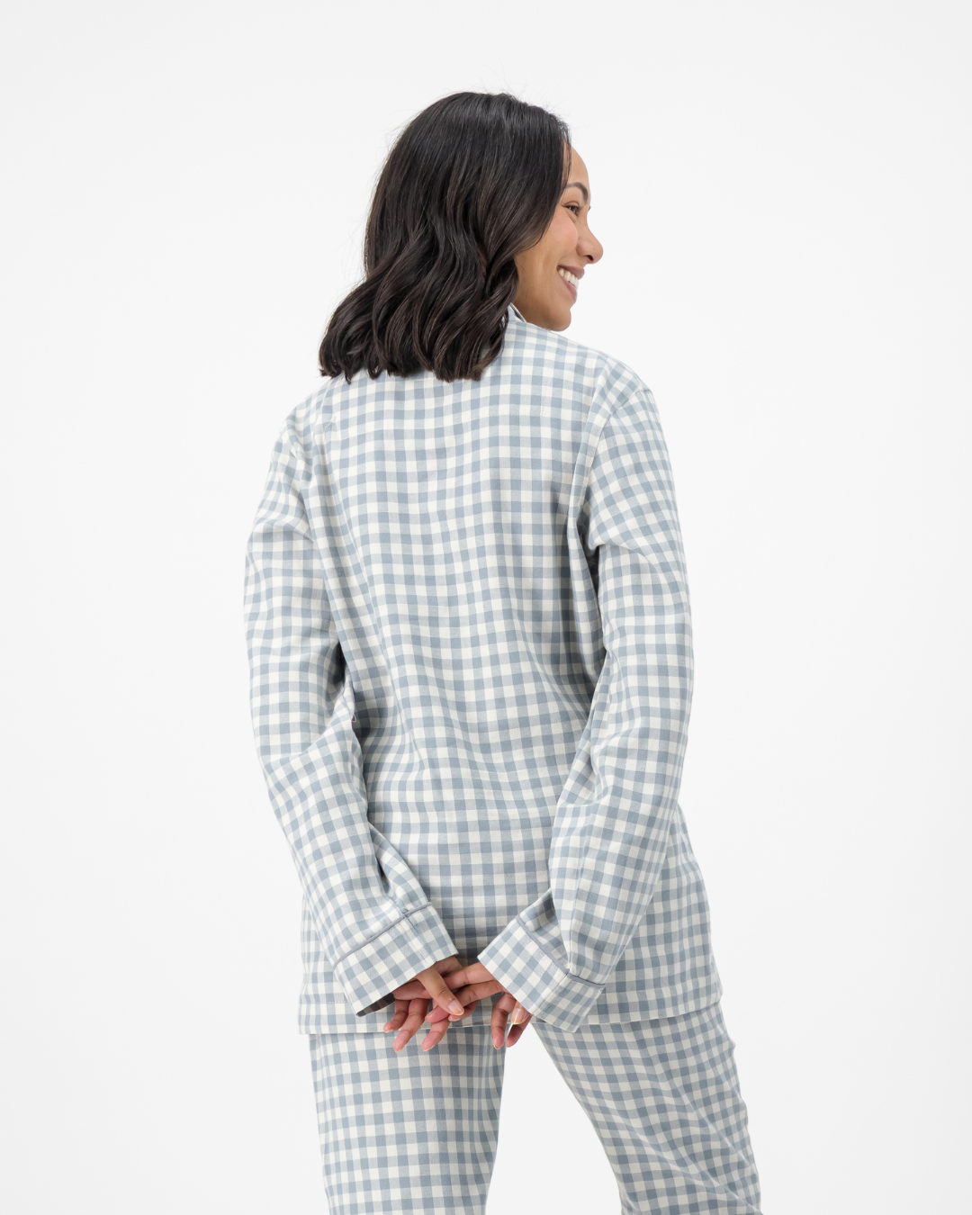 Womens Long Pyjamas - Grey Gingham on Cream