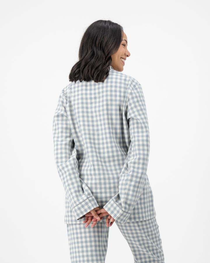 Womens Long Pyjamas - Grey Gingham on Cream