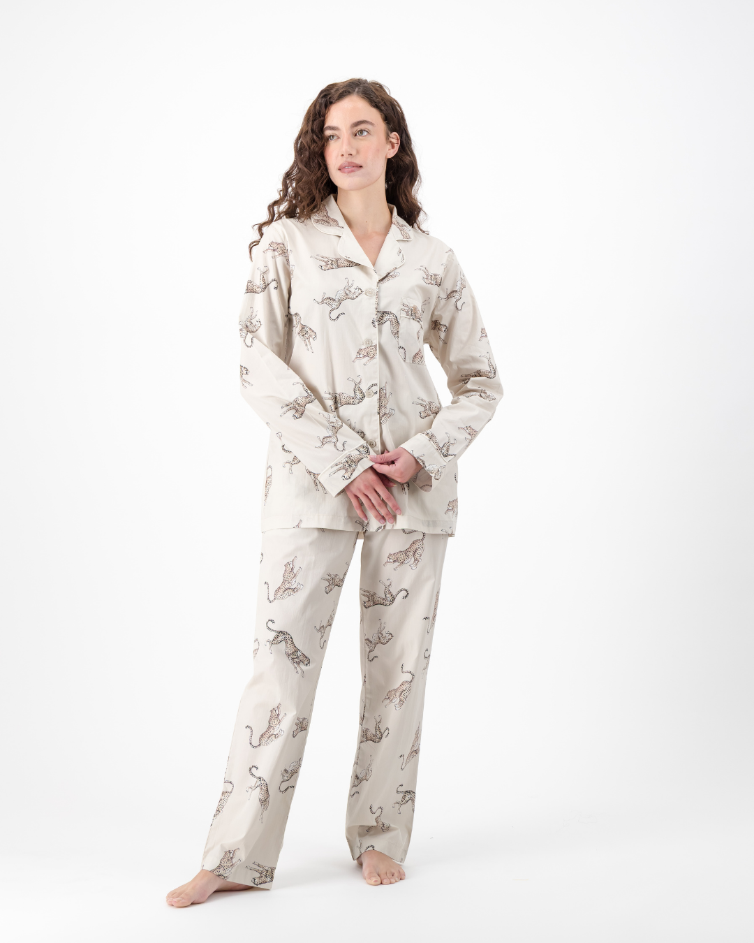 Womens Long Pyjamas - Jumping Cheetah on Beige