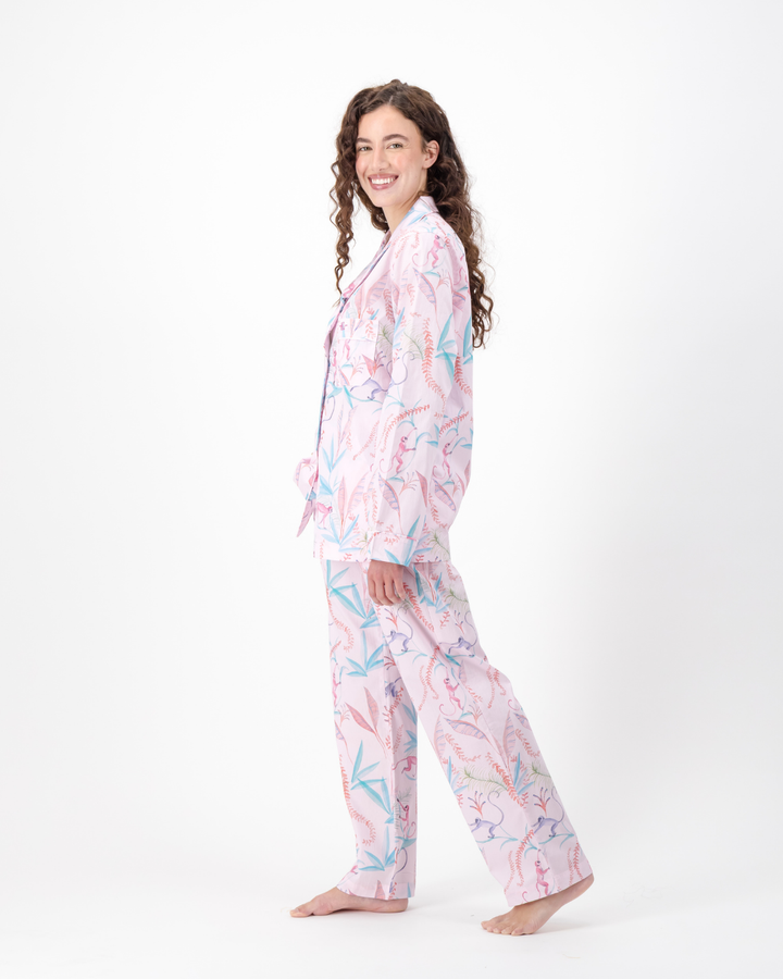 Womens Long Pyjamas - Monkeys on Pink