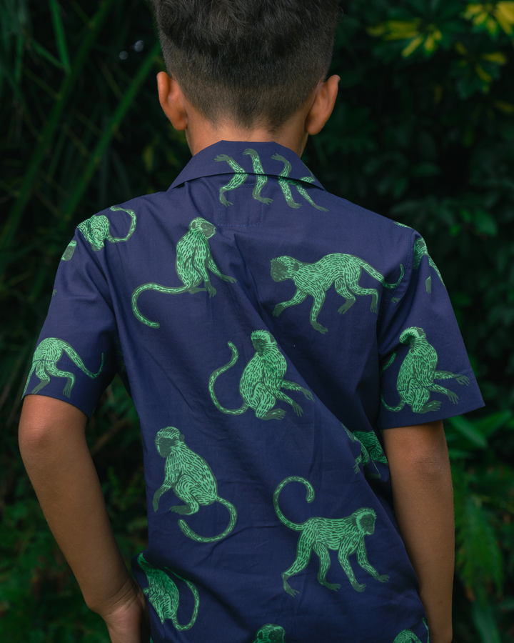 Boys Short Pyjamas - Green Monkey on Navy