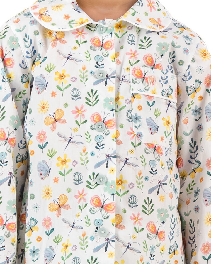 Girls Long Pyjamas - Butterfly and Dragonfly on White