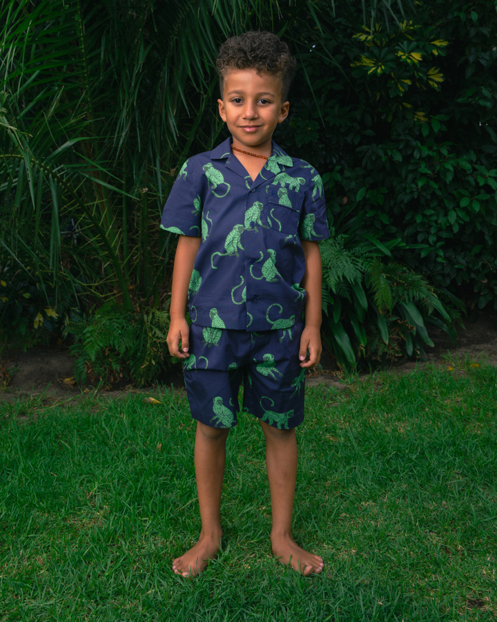 Boys Short Pyjamas - Green Monkey on Navy